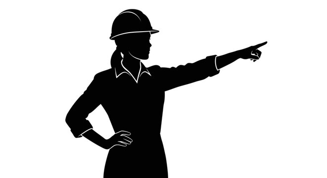Black silhouette of a female engineer or construction manager in a hard hat pointing forward.
