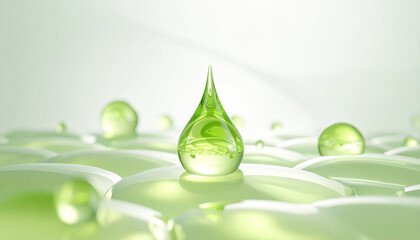 肌表面に浸透するグリーンエッセンス滴。保湿と肌バリアを高める美容成分イメージの3Dビジュアル /
Green essence droplet penetrating skin surface, 3D moisturizing skincare ingredient enhancing skin barrier