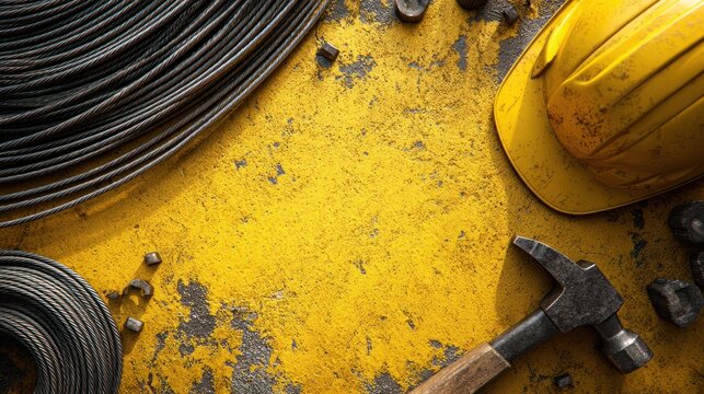 Industrial flat-lay with yellow hard hat coiled steel cable and hammer on distressed surface construction - Powered by Adobe