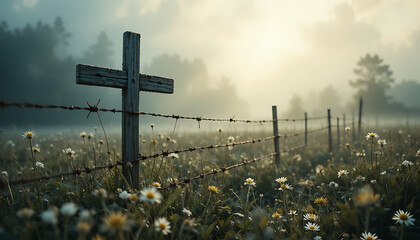 A solitary wooden cross stands guard over a misty meadow filled with wildflowers and a barbed wire fence evoking a sense of remembrance and quiet contemplation in a serene natural landscape