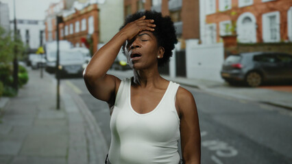 Fototapeta premium Woman in white top appears stressed while holding forehead on an urban street during the day surrounded by traffic and buildings illustrating a busy city lifestyle.