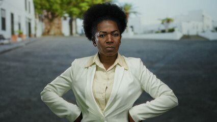 Confident woman standing with arms akimbo on a sunny city street wearing white jacket with blurred...