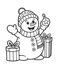 Cheerful outline snowman with hat, scarf, presents, and ornament makes a delightful holiday scene