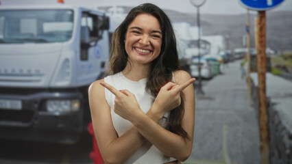 Young hispanic woman with finger pointing to object on a busy urban street sidewalk near parked truck; choice joy.
