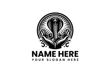 Emblem of a king cobra held in human hands, a powerful spiritual symbol. Black and white circular logo design, vector graphic illustration 84.eps