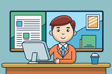 Fototapeta premium Cartoon journalist checking facts on a computer in the office