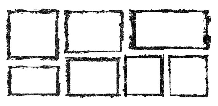 A collection of seven abstract frames, each with a distinct grunge texture and varying rectangular and square shapes, set against a stark white background offers versatile design elements