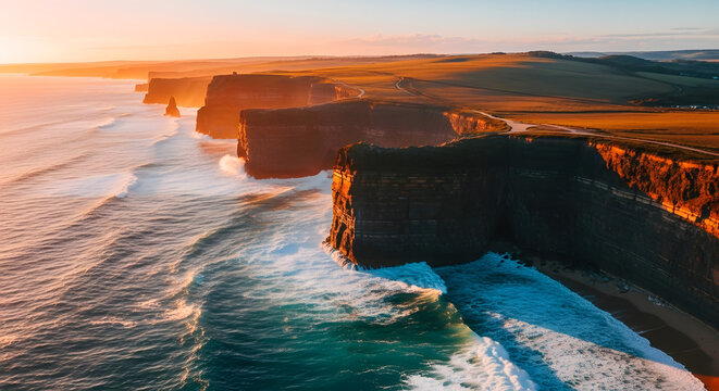 Stunning cliffs meet wild ocean waves at sunset, creating breathtaking Irish coastal scenery for travel, adventure, and nature-themed projects