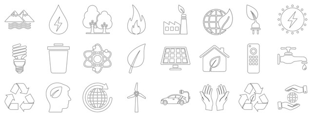 Outline Icons for Environment and Green Energy. Vector pictograms of house, water, trees, fire, factory, globe, leaf, sun, lightbulb, trash, atom, leaf, solar thin linear illustration 