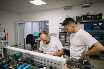 Coworkers working together in workshop