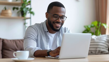 Working from home young professional engaged with laptop in cozy living room modern environment casual viewpoint