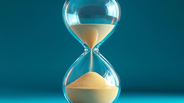 Glass hourglass with sand falling against a teal background