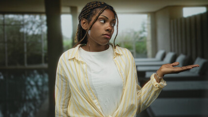 Woman with palm up gesture beside indoor spa pool lounges in building wearing striped shirt and braided hair; skepticism.