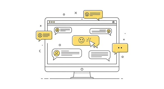 Computer screen displaying a chat interface with various message bubbles and emojis, symbolizing digital communication and online interaction