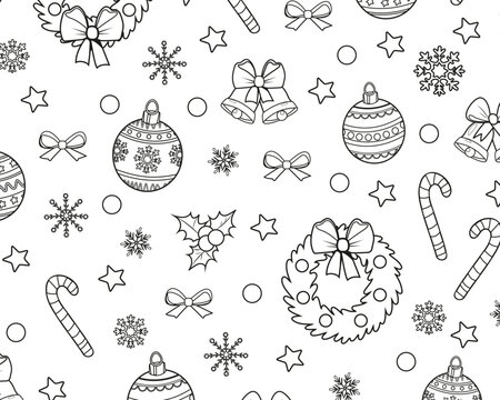 Black and white Christmas pattern with wreaths and baubles