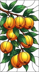 Obraz premium Illustration of stained glass style illustration of a branch laden with ripe yellow fruits and green leaves. Vibrant stained glass art featuring a branch laden with golden apples illustration
