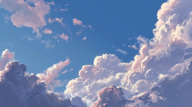 Cloudscape Serenity: A panoramic vista of billowing clouds dancing across a vast canvas of blue sky, inviting tranquility and contemplation.