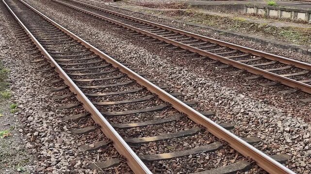 Railroad tracks in the German countryside. German railway transport system. Waiblingen city railway station in the Stuttgart suburb