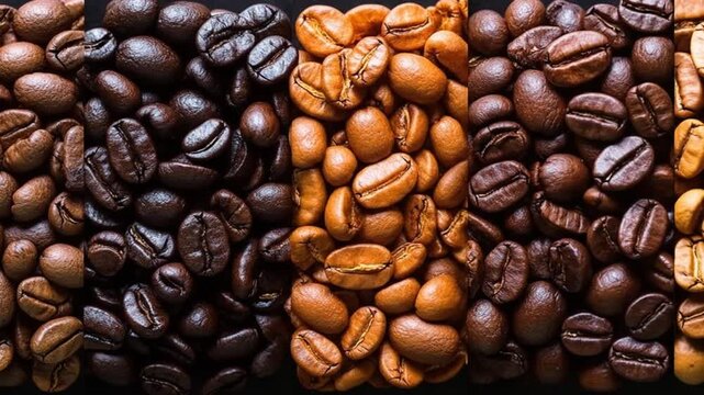 A collage of coffee beans showing a spectrum of roast levels from light to dark