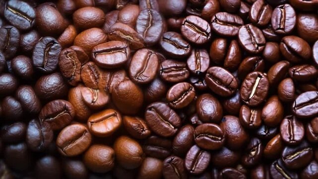 Rich, dark, and light brown coffee beans form a textured, abstract background