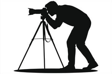 Professional Cinematographer Silhouette Peering Through Camera Viewfinder on Tripod - Vector Icon for Film Production, Movie Shooting, Photography Concepts, Videography, and Creative Media Industry 