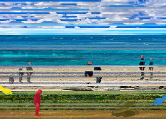 DREAM N°57 – Fragmented beach scene, surreal digital stripes and figures by the sea
