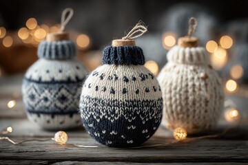 Knitted Christmas Ornaments on Rustic Wooden Surface with Festive Lights