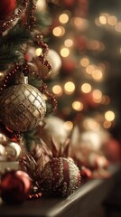 beautifully detailed gold and red Christmas ornaments adorning a holiday tree. The decorations include glittering baubles, 