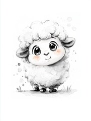 Cute cartoon sheep standing in grass with big eyes and fluffy wool in a simple black and white design
