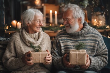 Happy Couple Holding Gift Box in Bright Modern Interior