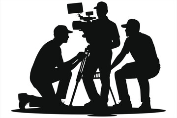 Film crew silhouette setting up a professional video camera. 3D render of a camera team on set for movie production. Isolated vector illustration on a white background.