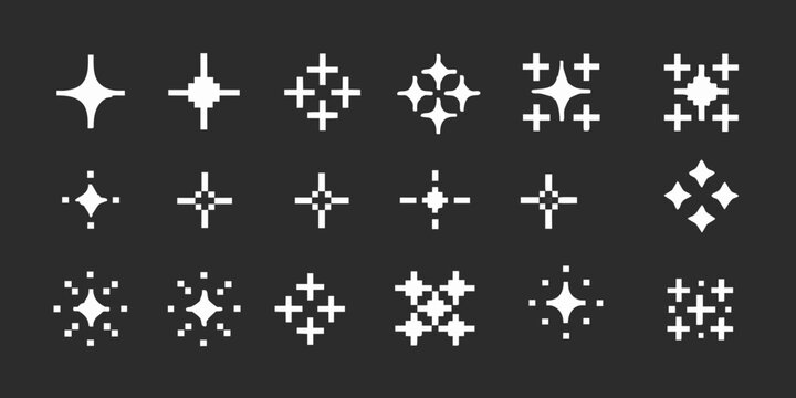 Collection of pixelated starburst and sparkle icons with different designs and sizes on a dark background