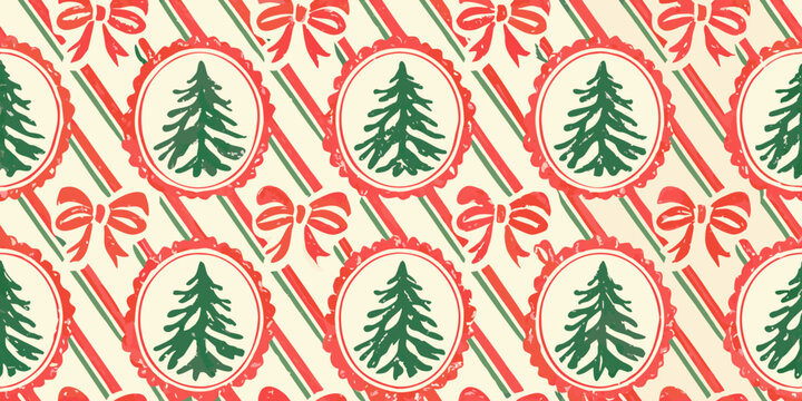 Festive christmas pattern with green trees and red bows on a striped background