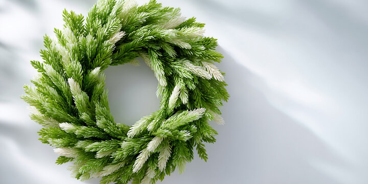 A vibrant green wreath made of leaves or floral on soft, light background. This nature-inspired creation signifies joy and freshness - Powered by Adobe