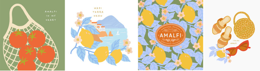 Amalfi. Vector summer mediterranean illustrations of italian coast, lemons, pattern, tomato in wicker string bag, sandals with bag and sunglasses for postcard, poster or background