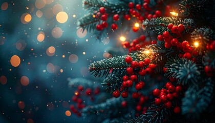 Luxury Christmas background with pine branches, red berries, and golden fairy lights &mdash; elegant festive composition