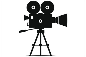 Obraz premium Vintage film movie camera silhouette on tripod retro cinema camera icon classic reel camera black and white minimalist flat design perfect for branding web print editorial and social media advertising