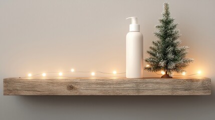 A minimalist shelf displays a white lotion bottle beside a small Christmas tree, adorned with soft lighting for a cozy atmosphere.
