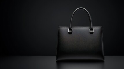 A sleek, black handbag with a glossy finish rests on a dark surface, creating an elegant and sophisticated look against a minimalistic background.