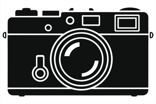 Old vintage camera silhouette, retro analog camera icon, classic photography equipment, black and white vector illustration, antique film camera clipart, minimalist design isolated on white background
