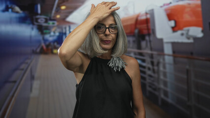 Woman with hand on forehead and glasses on cruise ship deck beside lifeboat rail; fatigue...