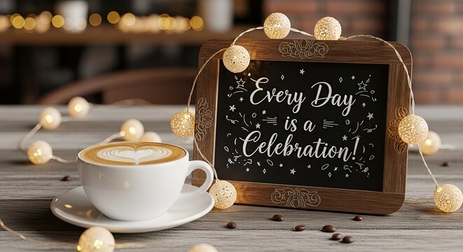 Delicious Cappuccino and Latte Art Coffee with Festive Fairy Lights Creating a Celebratory Atmosphere for Your Morning Brew