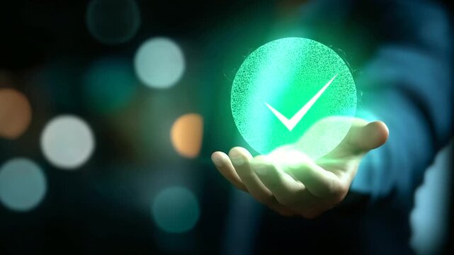 Quality manager hands validating digital documents with green checkmark hologram for certification and compliance processes on dark background. document validation digital
