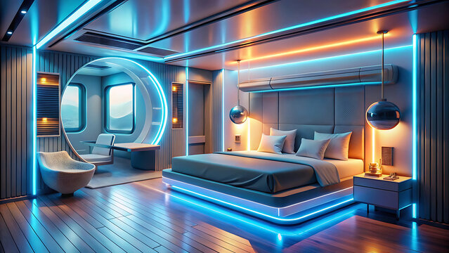 Modern futuristic pod hotel room 3d render with glowing walls and curved interior - Powered by Adobe