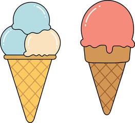 Cartoon ice cream cones, pastel scoops, pink dessert, waffle texture, summer treat, sweet food, fun illustration, isolated white background