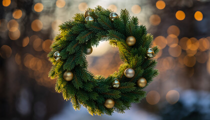 A festive, evergreen Christmas wreath adorned with golden baubles, set against a softly blurred background of bokeh lights, evoking a warm holiday atmosphere.