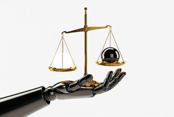 an android robot hand holding a balanced scale