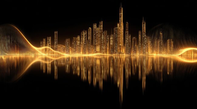 Golden city skyline reflected in a dark water, illuminated by glowing energy