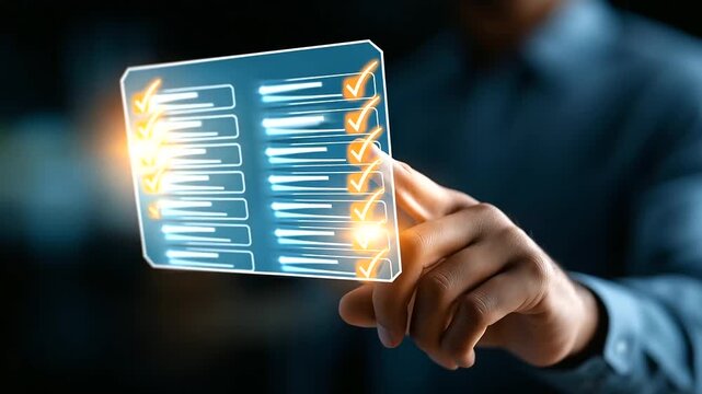 Workflow manager hands interacting with digital checklist interface hologram for document approval and task management on dark background. digital checklist document approval