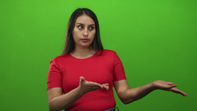 Young hispanic woman with hands open palms up gesturing in studio green screen, wearing red top and looking forward; questioning communication.